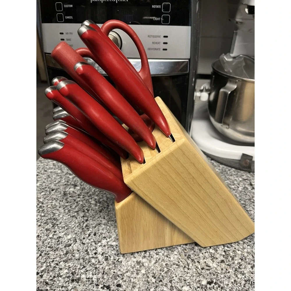 Kitchen Aid 14 Piece Knife Set Red handle ‎ & Block Set-Read Description